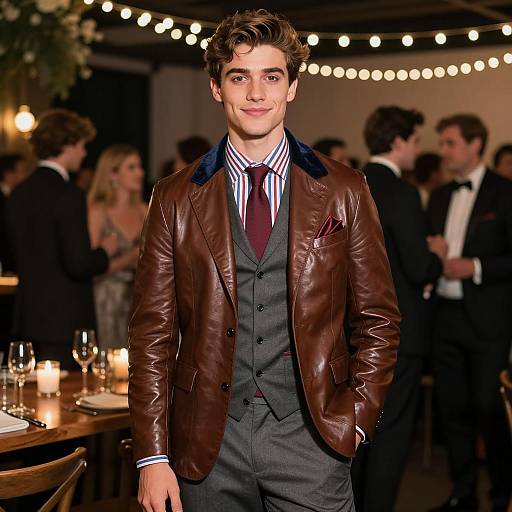 Stylish Young Man in Brown Leather Blazer at Formal Event