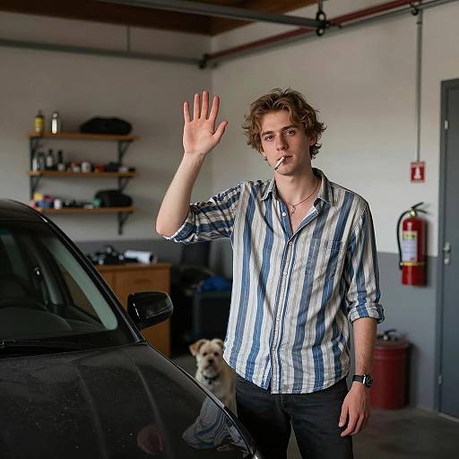 Young Man Waving in Dim Garage Scene