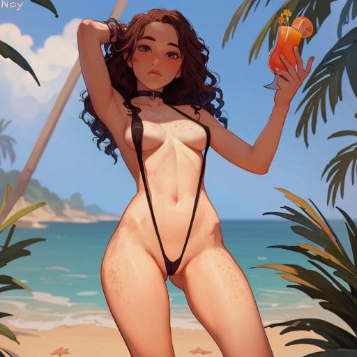 Young Woman in Tropical Print Swimsuit at Beach
