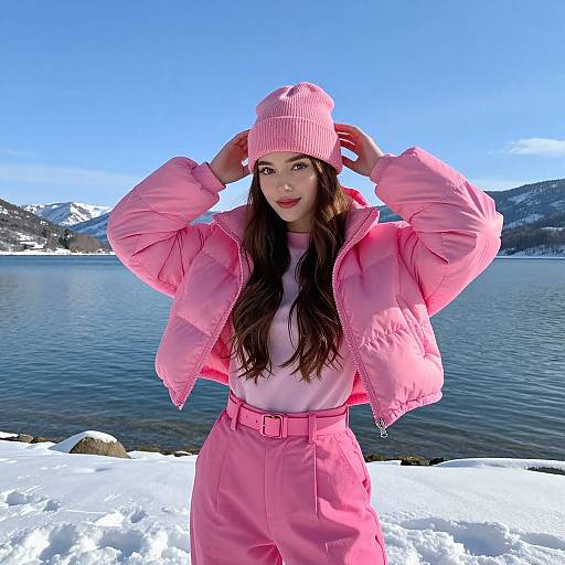 Photograph of a young woman with long brown hair, wearing a pink puffer jacket, matching pants, and beanie, standing on snowy lakeside