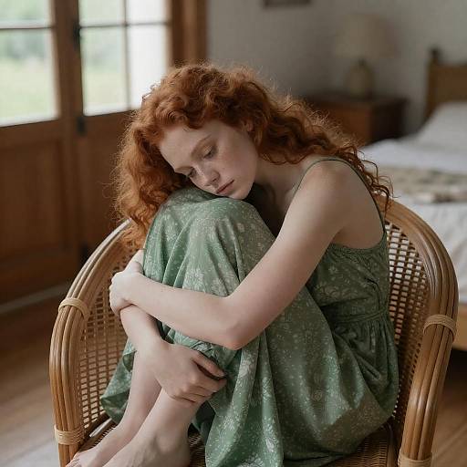 Somber Red-Haired Woman in Wicker Chair