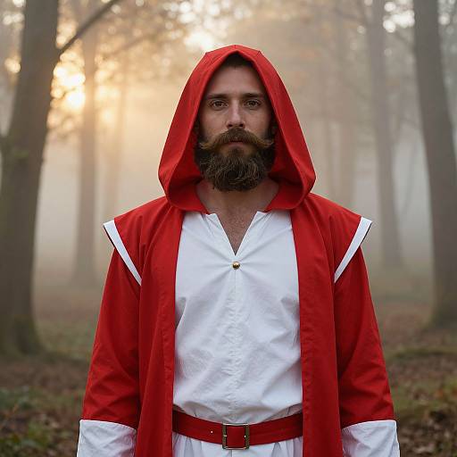 Photograph of a bearded man with a serious expression, wearing a red hooded cloak over a white shirt, standing in a foggy forest with