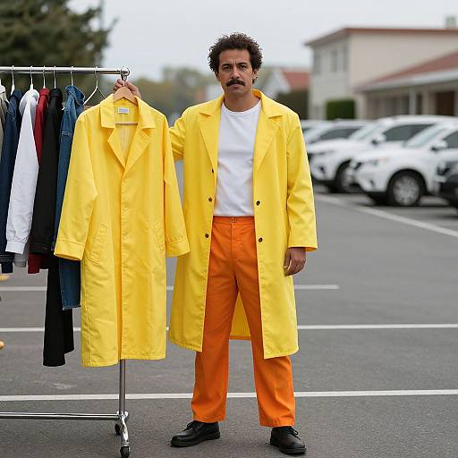 Photograph of a man with curly hair, yellow coat, white shirt, orange pants, holding a yellow coat on a clothes rack in a parking lot