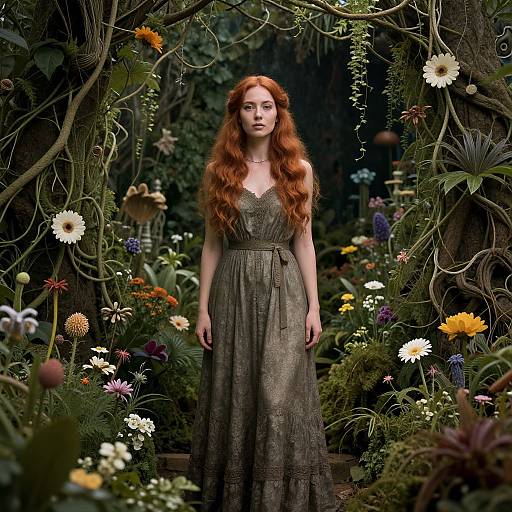 Photograph of a red-haired woman in a gray, lace dress standing in a lush, vibrant garden filled with various flowers and vines.