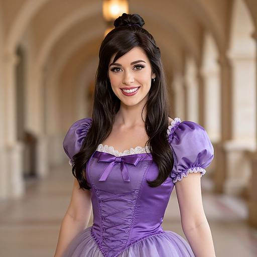 Photograph of a smiling woman with long black hair in a purple, puffed-sleeve, fairy-tale dress, standing in a sunlit