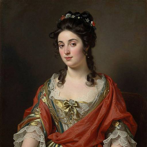 18th-century portrait of a fair-skinned woman with black curly hair, wearing a red shawl over a lace-trimmed, gold-emb
