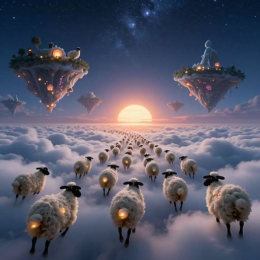 Digital artwork of glowing sheep flying through a celestial sky, approaching floating islands with lit windows, beneath a bright, setting sun.