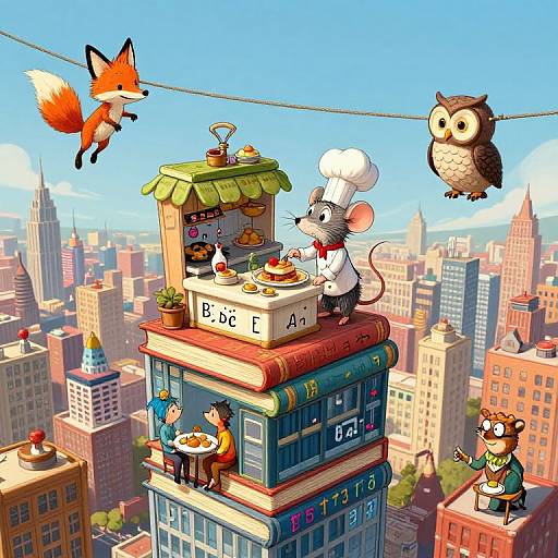 Vibrant digital illustration of anthropomorphic animals cooking on a skyscraper, with a flying fox and owl, against a cityscape background.
