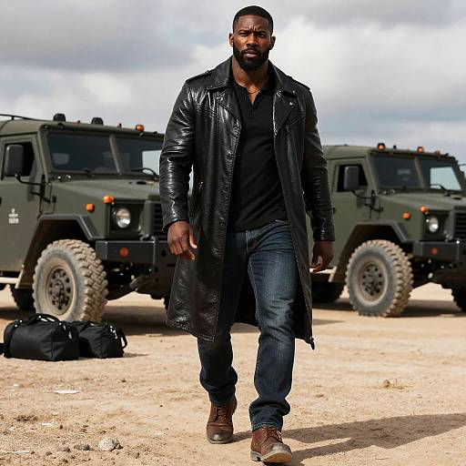 Photograph of a muscular, bearded Black man with short hair, wearing a black leather coat, black shirt, blue jeans, and brown boots,