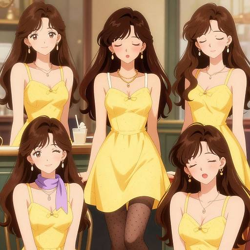 Anime-style digital illustration of a young woman with long brown hair, wearing a yellow dress and black polka dot tights, in five different expressions,