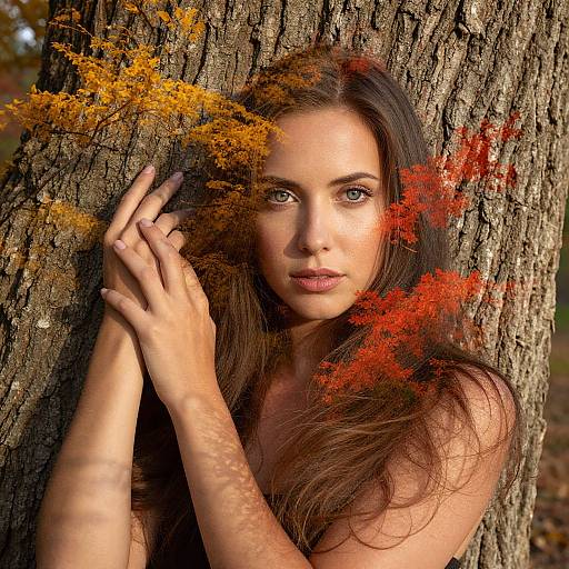 Photograph of a beautiful young woman with long brown hair, gray eyes, and fair skin, leaning against a tree with autumn leaves, holding her hands