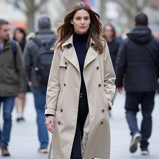 Photograph of a confident woman with long brown hair, wearing a beige trench coat over a black turtleneck, walking in a bustling, blurred urban