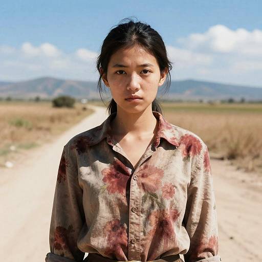 Serious Young Woman in Grassy Field