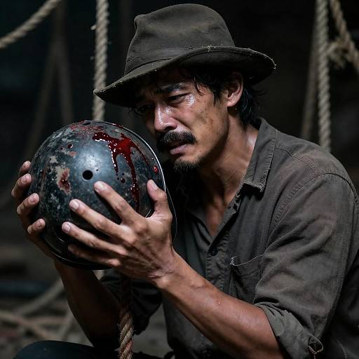 Distressed Man Clutching Bloodied Helmeted Head