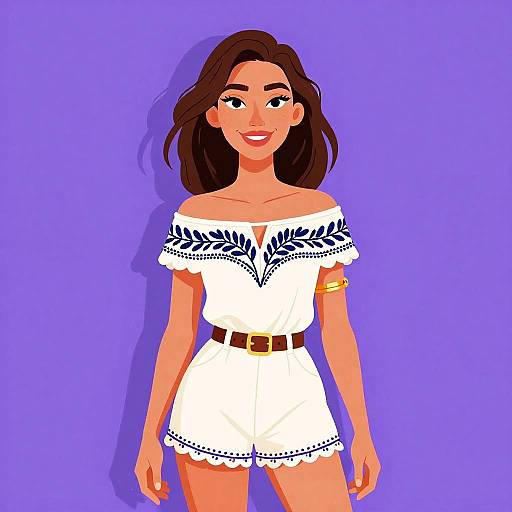 Digital illustration of a smiling woman with long brown hair, wearing an off-shoulder white dress with black floral patterns, brown belt, and yellow ar