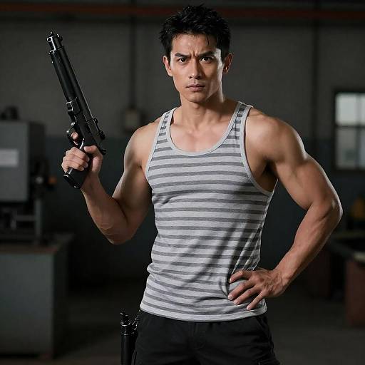 Muscular Man with Gun in Factory