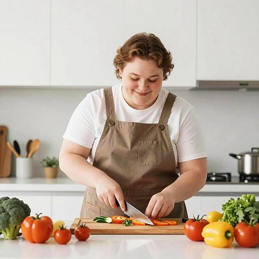 Photograph of a smiling, overweight woman with curly brown hair, wearing a white shirt and brown apron, slicing colorful bell peppers on a white kitchen