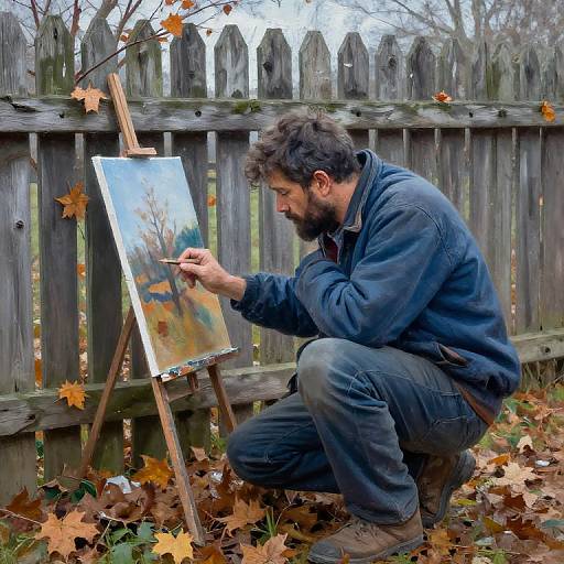 Photograph of a bearded man in blue jacket, crouching beside an easel painting autumn leaves, by a wooden fence. Fallen leaves surround