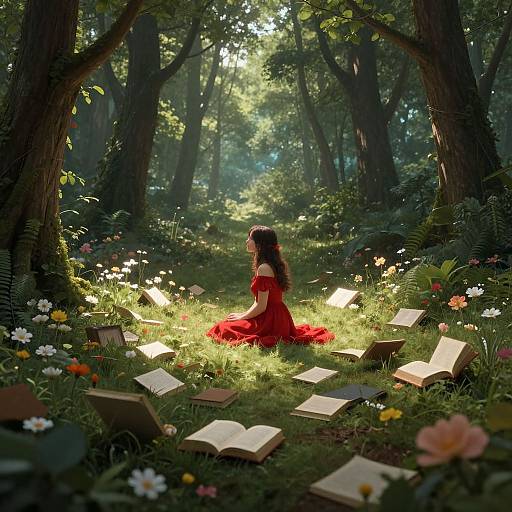 Digital artwork: A woman in a red dress sits in a sunlit forest clearing surrounded by open books and colorful flowers.