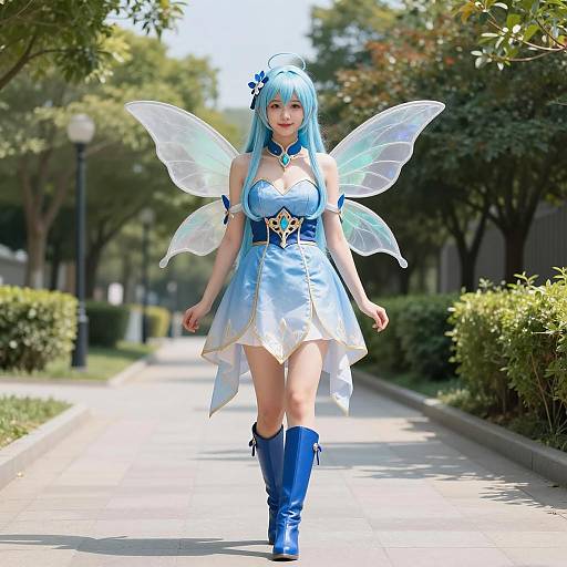 Woman in Blue Fairy Costume Outdoors