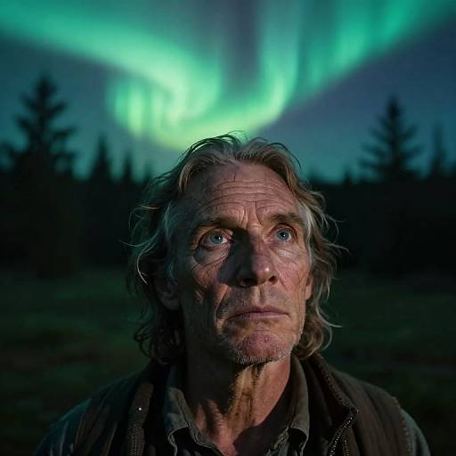 Photograph of a middle-aged man with weathered face, blue eyes, and disheveled gray hair, staring forward under a vibrant green aurora