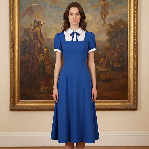 Photograph of a brunette woman in a blue, short-sleeved, 1950s-style dress with white collar and navy bow, standing in