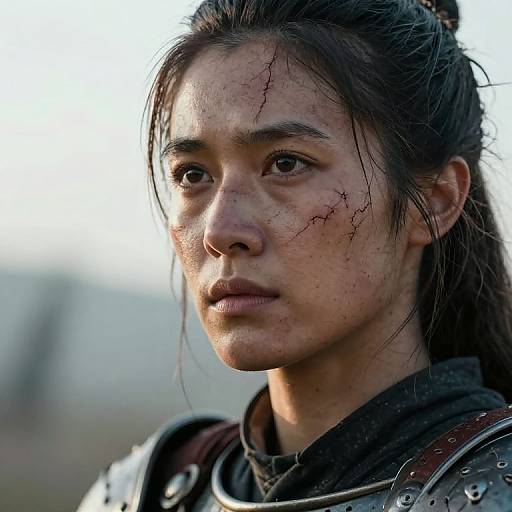 Photograph of a young Asian woman with long dark hair, scarred face, and serious expression, wearing medieval-style armor, against a blurred outdoor background