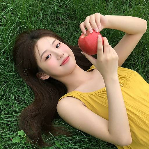 Asian woman with long black hair, wearing a yellow sleeveless dress, lying on grass, holding a red apple, smiling gently. Photorealistic photograph
