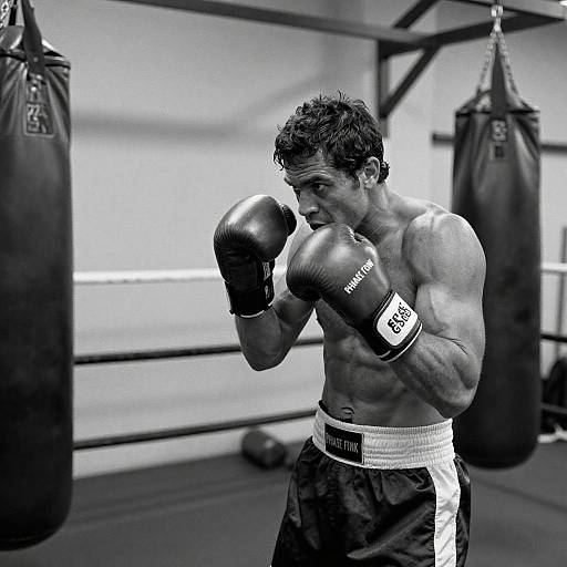 Black-and-white photograph of a muscular, shirtless man in boxing gloves and shorts, punching air in a gym with hanging punching bags.