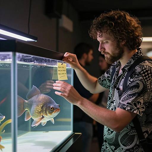Man Interacting with Fish Tank Scene