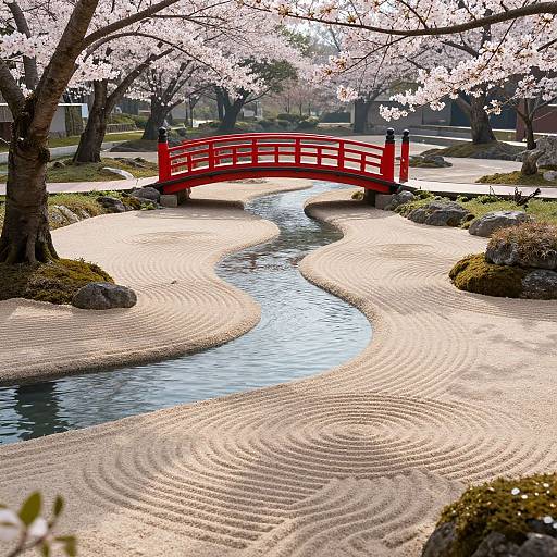 Photograph of a serene Japanese garden with a red wooden bridge over a winding stream, surrounded by meticulously raked gravel and cherry blossom trees in full bloom