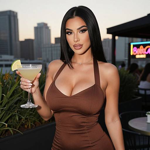 Photograph of an attractive woman with long black hair, large breasts, wearing a brown halter dress, holding a cocktail with a lime, against a