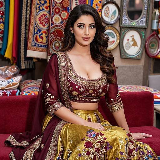 Photograph of a beautiful Indian woman with dark hair, wearing a maroon and gold embroidered traditional outfit, seated on a red couch in a colorful,