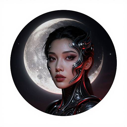 Digital artwork of an Asian woman with metallic, red-accented cybernetic facial features, gazing intently at a full moon in a circular