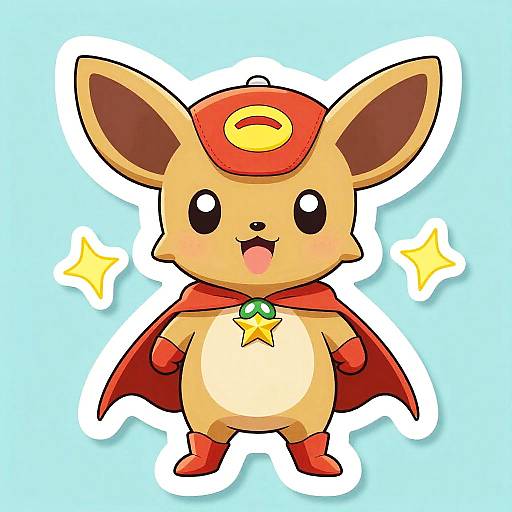 Cute, cartoon-style Eevee-like character with large ears, red hat, cape, boots, star necklace, and happy expression on light blue
