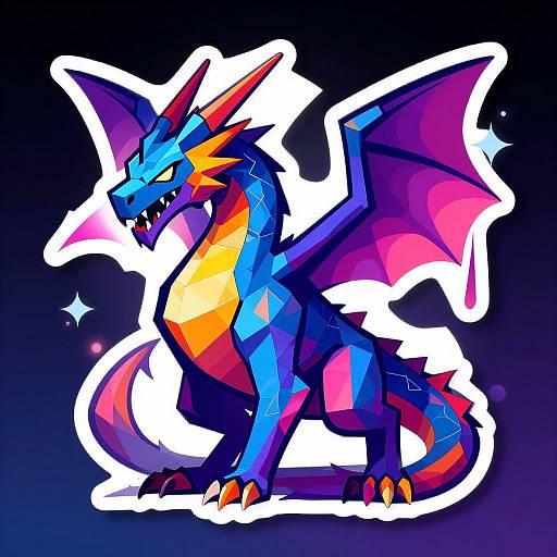 Vibrant, digital, polygonal dragon illustration with blue, red, orange, and pink colors, sharp wings, and a fierce expression, set