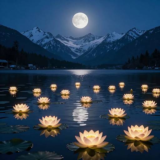 Photograph of luminous yellow lotus flowers floating on a calm, moonlit lake, reflecting a full moon against snowy mountain peaks in the background.