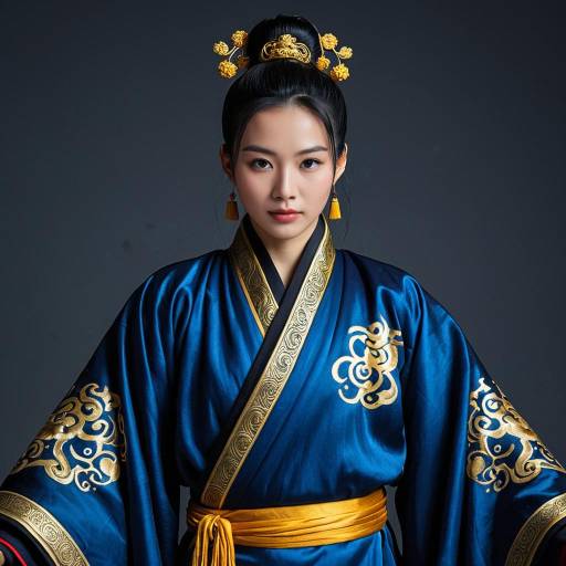 Asian Woman in Traditional Blue Silk Robe