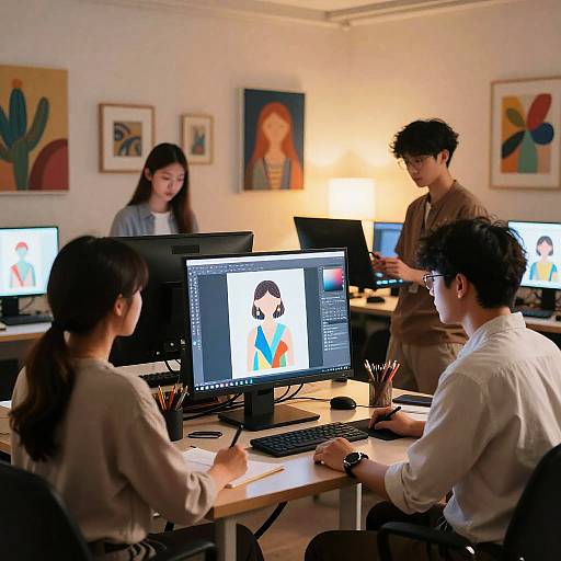 Photograph of four Asian individuals working in a modern, brightly lit office with colorful abstract paintings on the wall. They are seated around desks, focused on