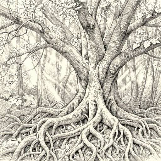 Detailed black-and-white ink drawing of a large, intricate tree with thick, twisting roots and extensive branches in a dense forest.