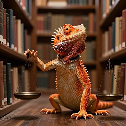 CGI image of an orange, spiked, cartoon lizard with large eyes balancing scales on a wooden floor in a library.
