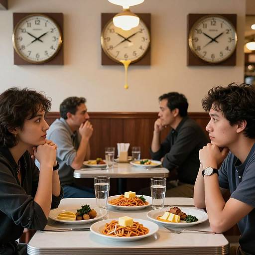 Photograph of four young men in a cozy restaurant, eating pasta and desserts, with three large wall clocks behind them.
