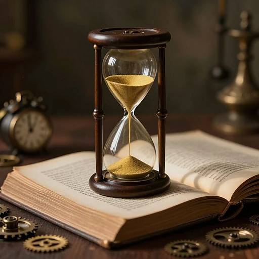 Photograph of a wooden hourglass with golden sand, centered on an open book, surrounded by vintage clocks and metal gears on a dark wooden table.