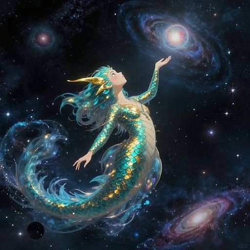 Digital fantasy artwork: Blue-haired mermaid with golden scales and dragon-like horns floats in space, holding a glowing star with an outstretched hand,
