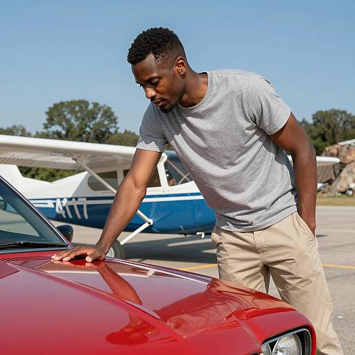 Man Leaning on Car with Airplane