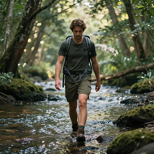 Photograph of a curly-haired man in a dark gray t-shirt and khaki shorts, hiking through a sunlit, mossy forest stream.