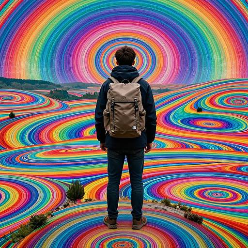 Photograph of a person with a backpack standing, facing a vibrant, swirling rainbow landscape, with colorful spirals in the sky and ground.
