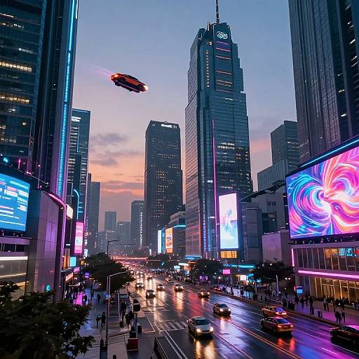 Photograph of a neon-lit, futuristic cityscape at dusk with a hovering red drone, vibrant skyscrapers, glowing billboards, and wet