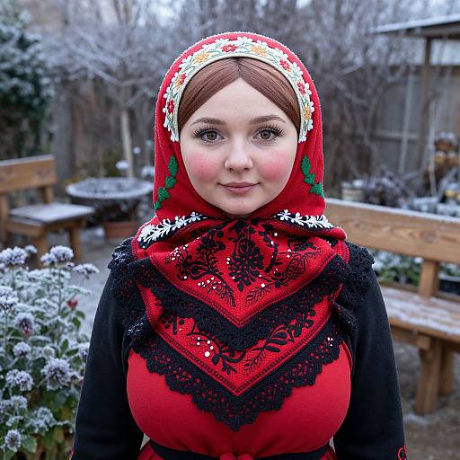 Photograph of a young Caucasian woman with fair skin, brown eyes, and red headscarf adorned with white floral patterns, wearing a red and black