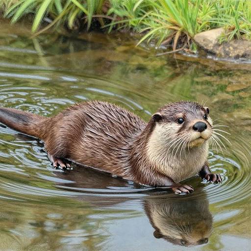 Photograph of a wet, brown and white otter swimming in a reflective, green-vegetated pond, creating ripples with its front paws